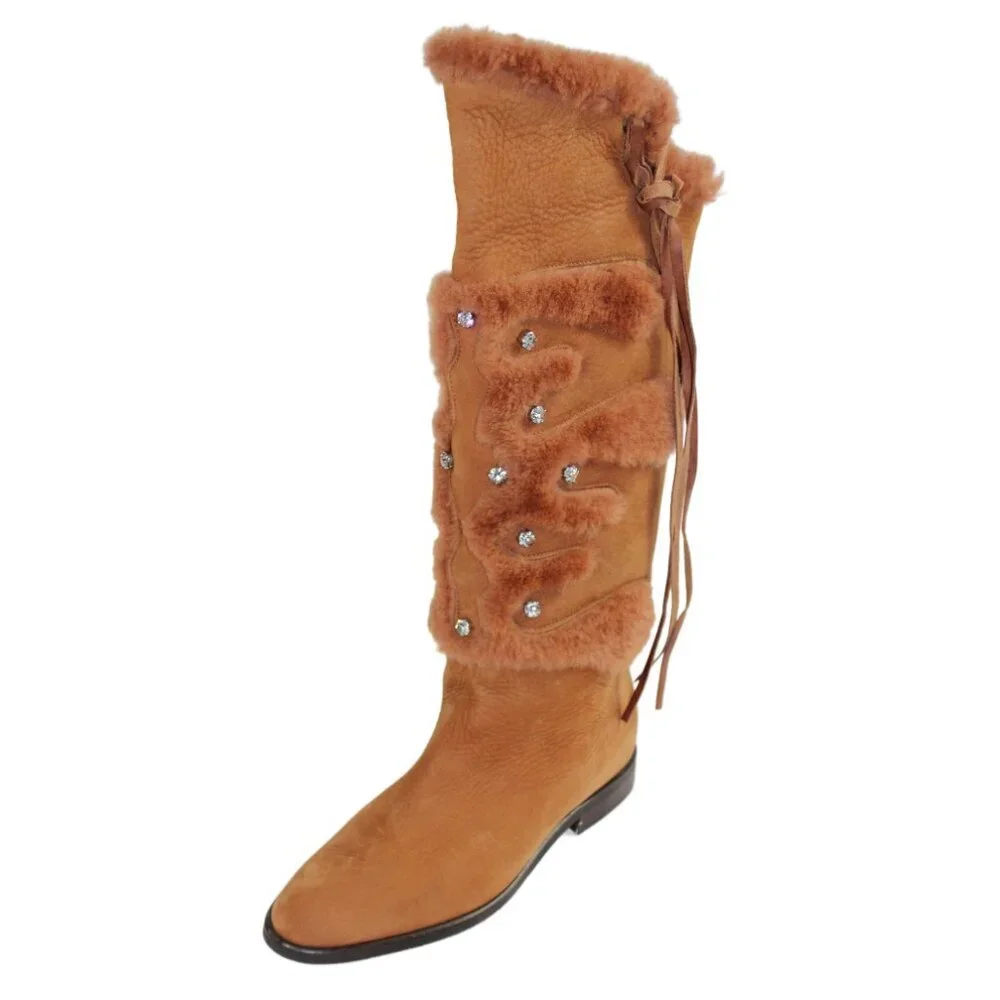 Russell & Bromley Rust Brown Leather Shearling Stud Accent Tall Boot, Size 36.5